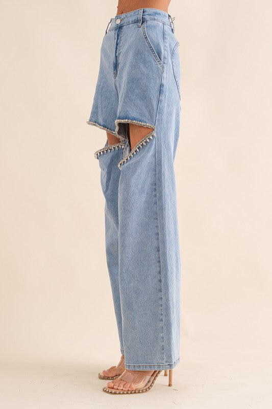 Denim Cutout Rhinestone Jeans