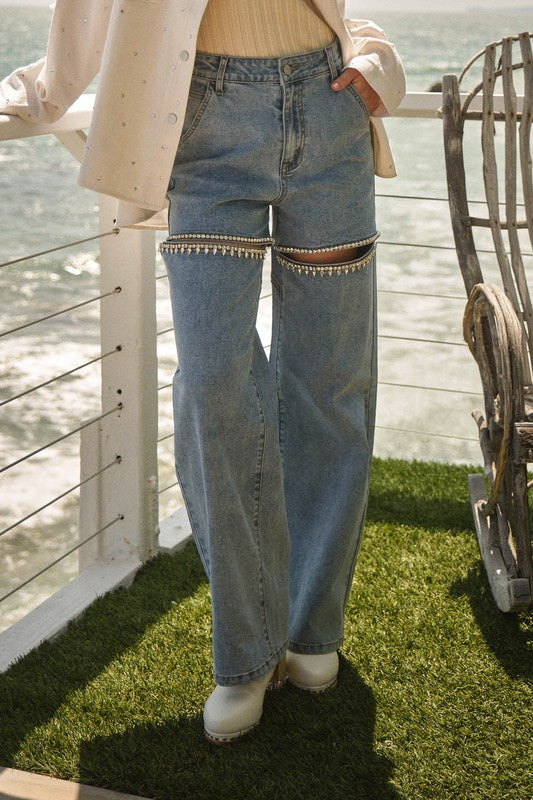 Denim Cutout Rhinestone Jeans