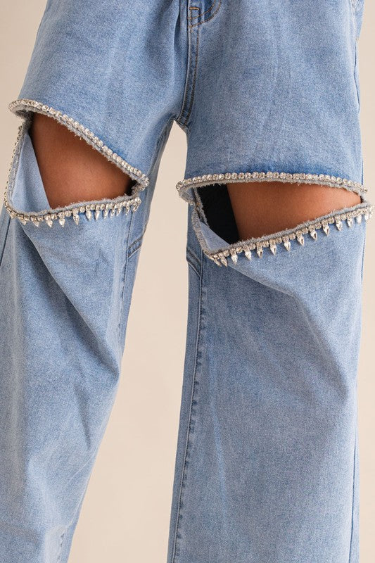 Denim Cutout Rhinestone Jeans