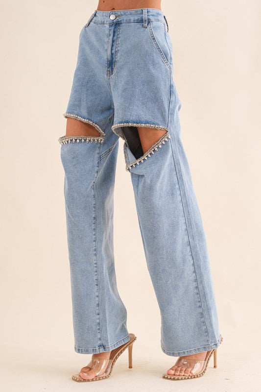 Denim Cutout Rhinestone Jeans
