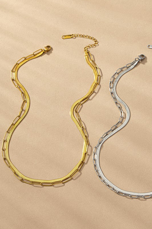 Gold Paper Clip & Herringbone Chain Necklace
