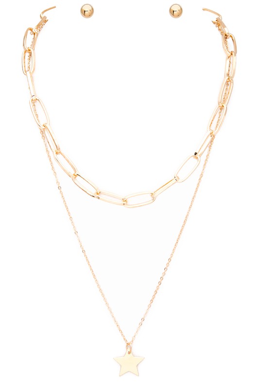 Star Pendant Mix Chain Layer Necklace & Earring Set