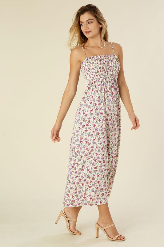 Purple Floral Smocked Maxi Dress