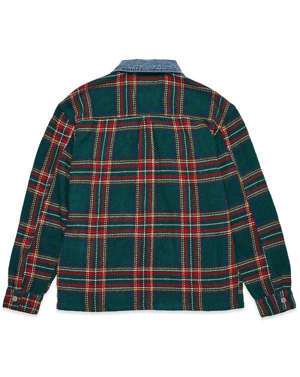 Green Flannel Shacket With Denim Contrast