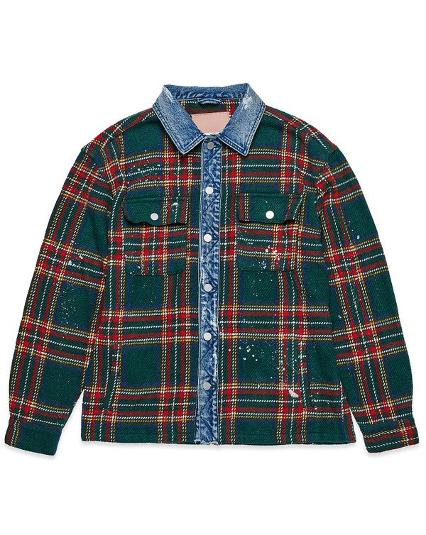 Green Flannel Shacket With Denim Contrast