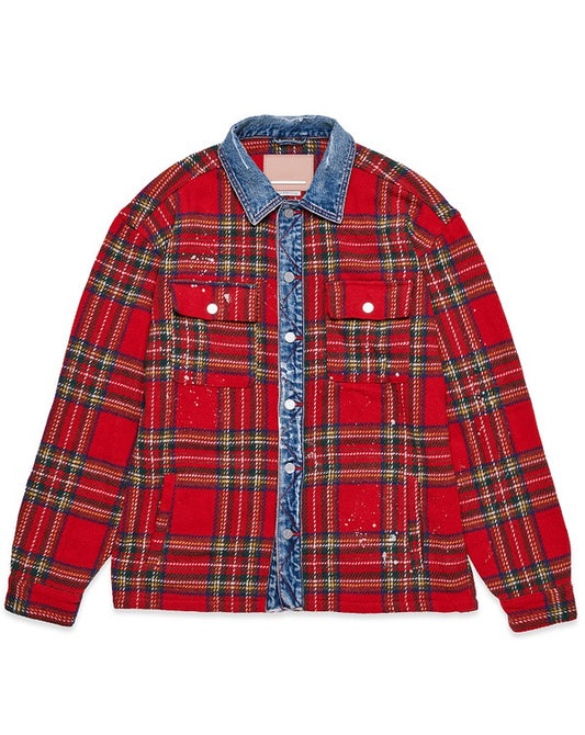 Red Flannel Shacket With Denim Contrast