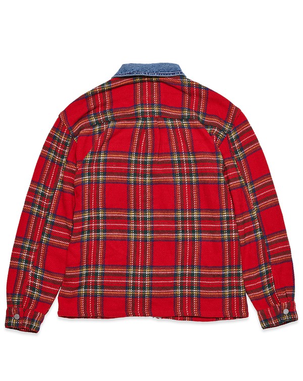 Red Flannel Shacket With Denim Contrast