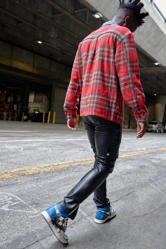 Red Flannel Shacket With Denim Contrast