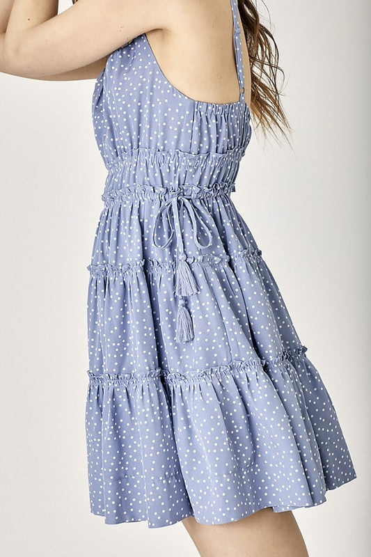 Demin Side Tassel Strap Tiered Polka Dot Dress