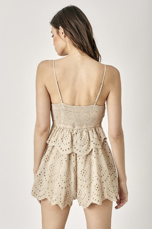 Beige Scallop Edge Front Tie-Up Romper