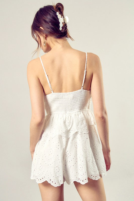 White Scallop Edge Front Tie-Up Romper