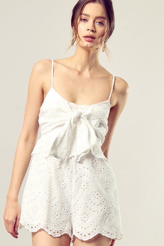 White Scallop Edge Front Tie-Up Romper