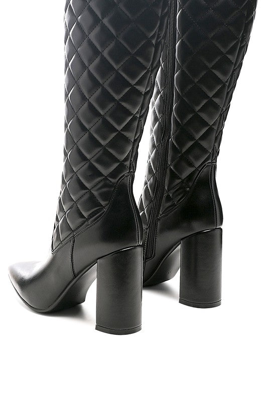 Quilted Knee High Block Heeled Boots