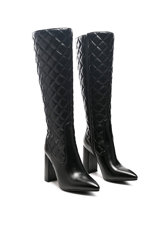 Quilted Knee High Block Heeled Boots