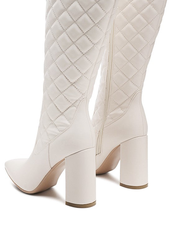 Quilted Knee High Block Heeled Boots