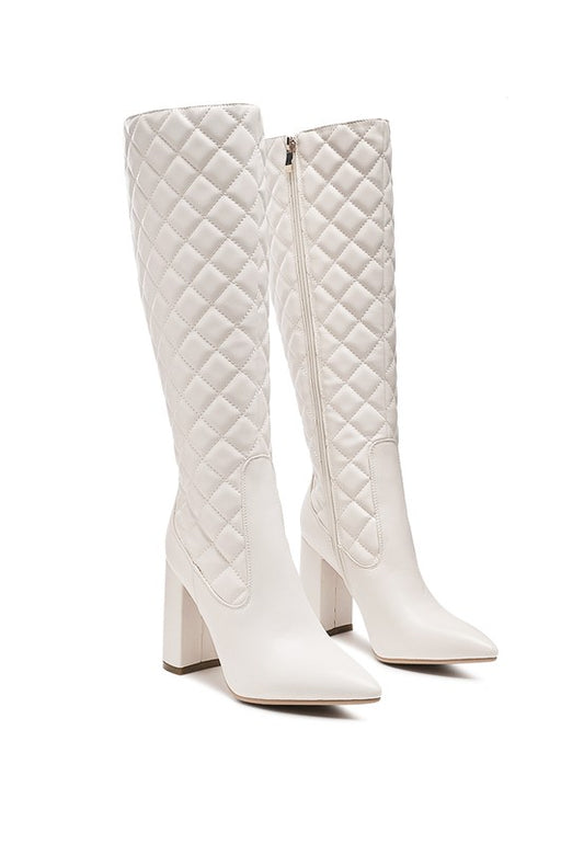 Quilted Knee High Block Heeled Boots