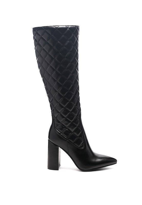 Quilted Knee High Block Heeled Boots