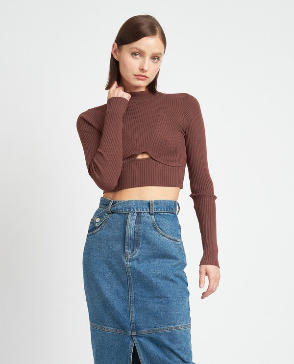 Ribbed Mock Neck Cropped Long Sleeve