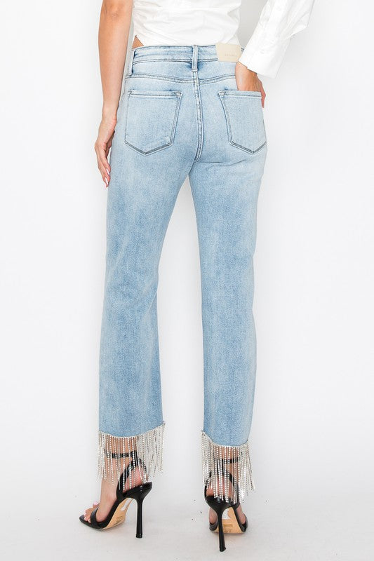 CRYSTAL EMBELLISHED HIGH RISE CROP STRAIGHT JEANS