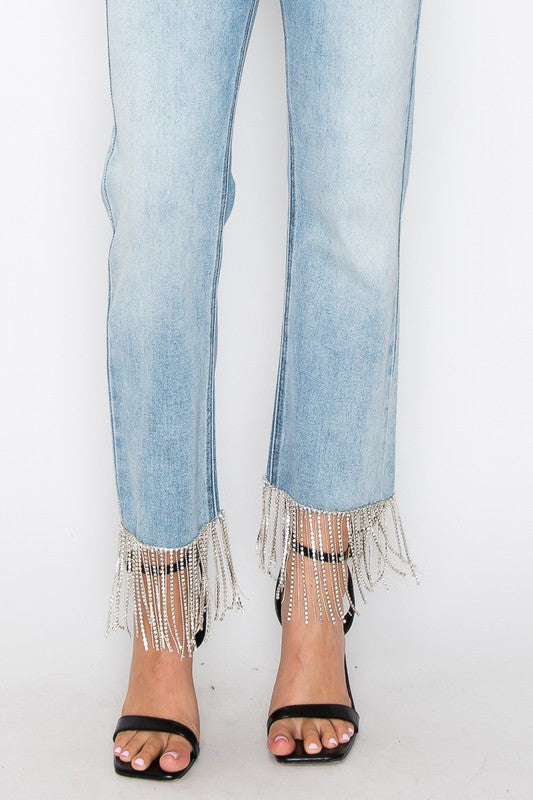 CRYSTAL EMBELLISHED HIGH RISE CROP STRAIGHT JEANS