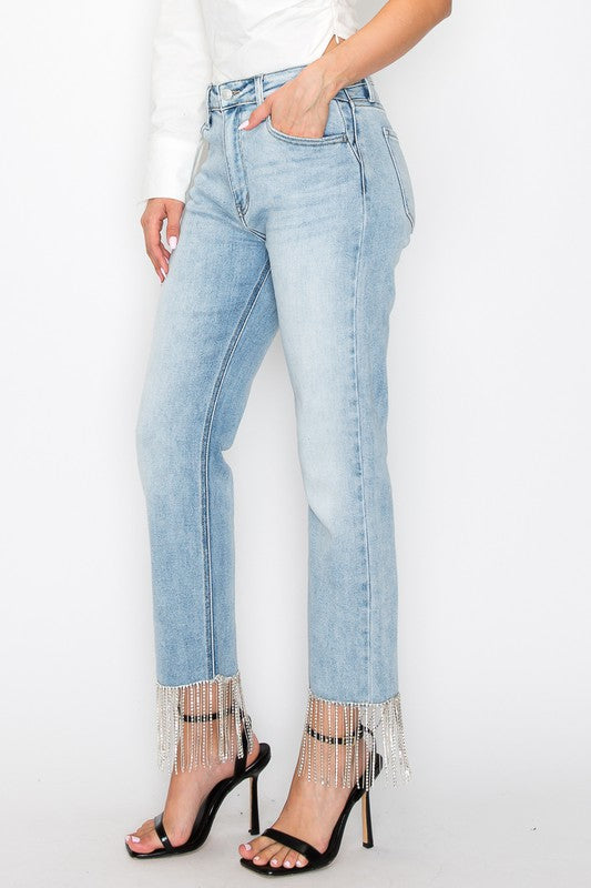 CRYSTAL EMBELLISHED HIGH RISE CROP STRAIGHT JEANS