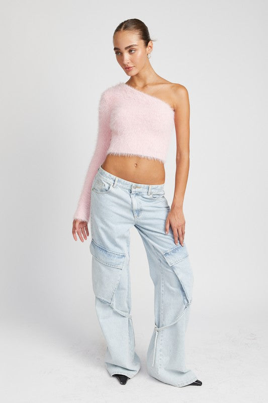 One Shoulder Fluffy Sweater