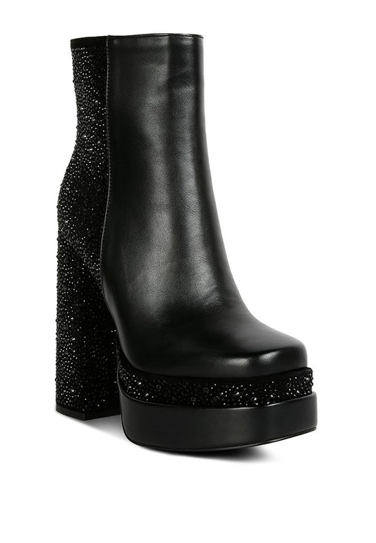 Diamante Zip Up Block Heel Boots