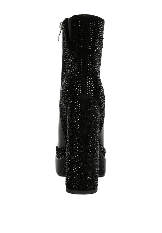 Diamante Zip Up Block Heel Boots