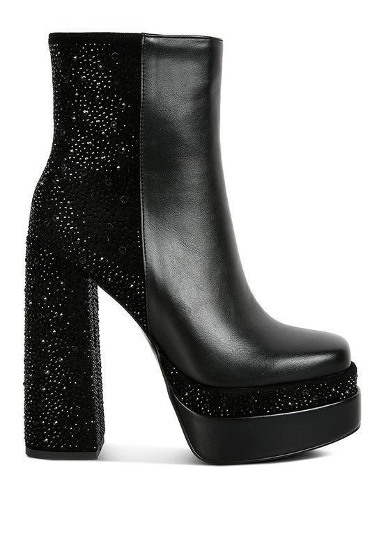 Diamante Zip Up Block Heel Boots