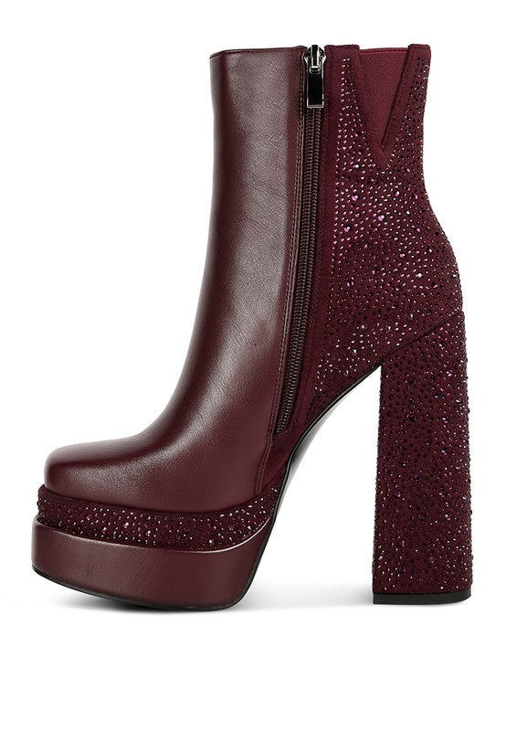 Diamante Zip Up Block Heel Boots