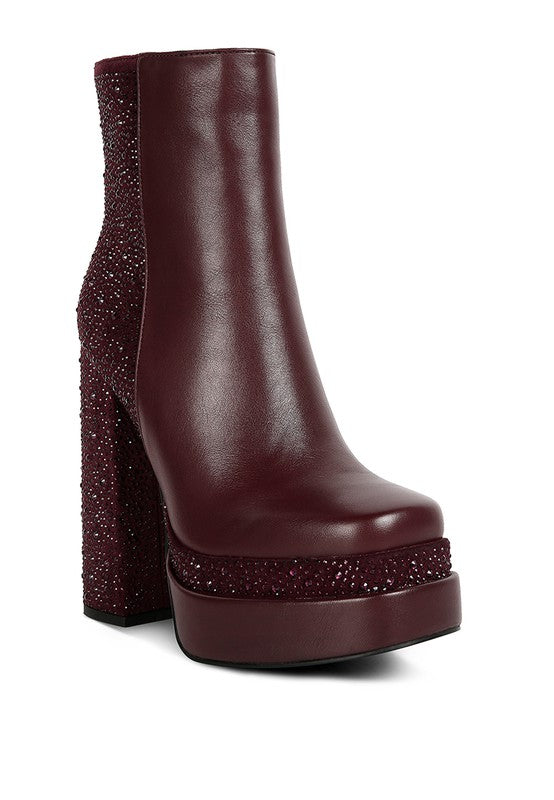 Diamante Zip Up Block Heel Boots