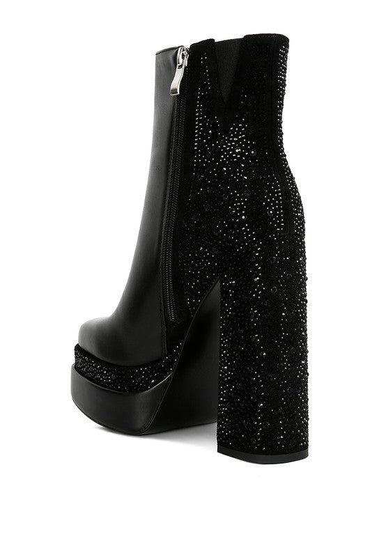 Diamante Zip Up Block Heel Boots