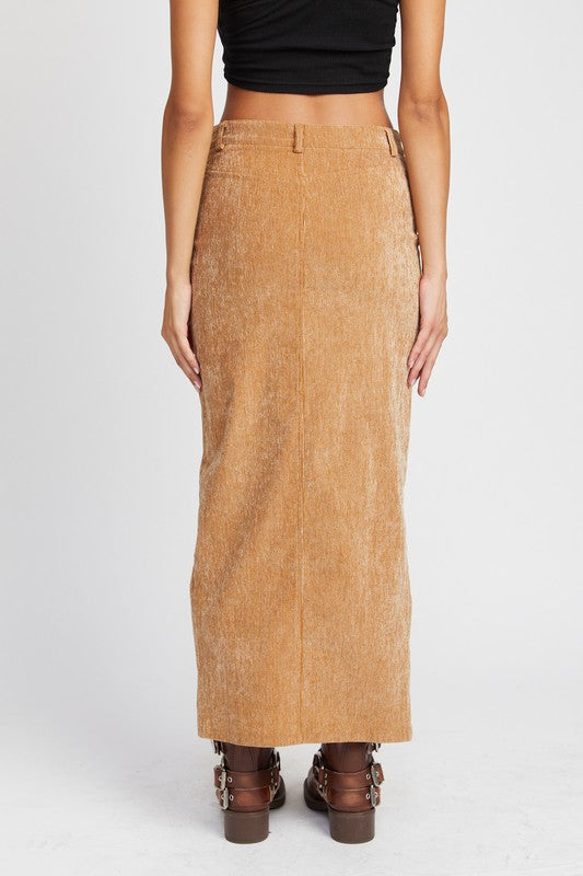 Tan Corduroy Skirt with Front Slit