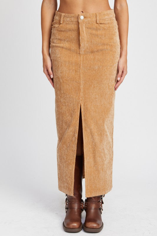 Tan Corduroy Skirt with Front Slit