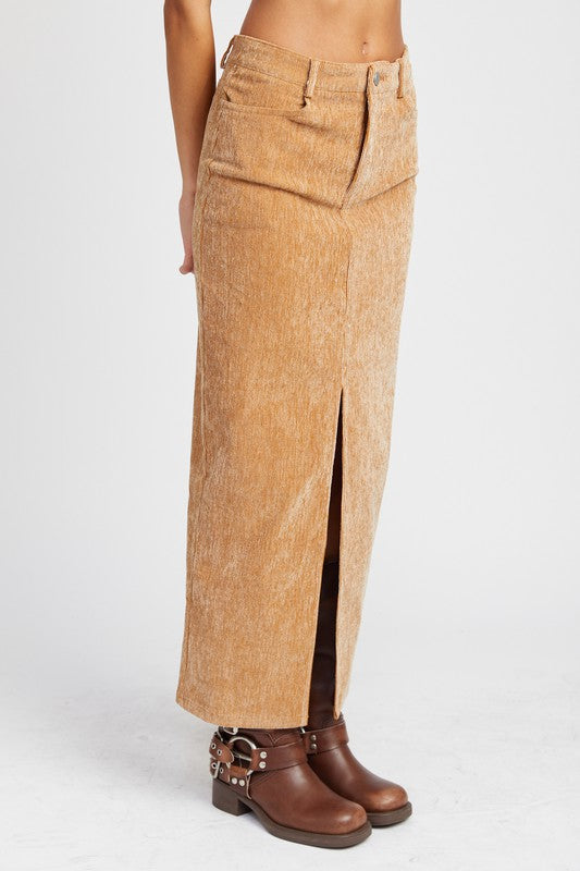 Tan Corduroy Skirt with Front Slit