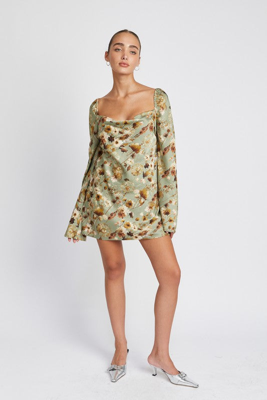 Sage Floral Long Sleeve Dress with Open Back