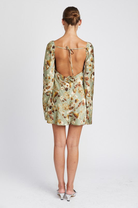 Sage Floral Long Sleeve Dress with Open Back