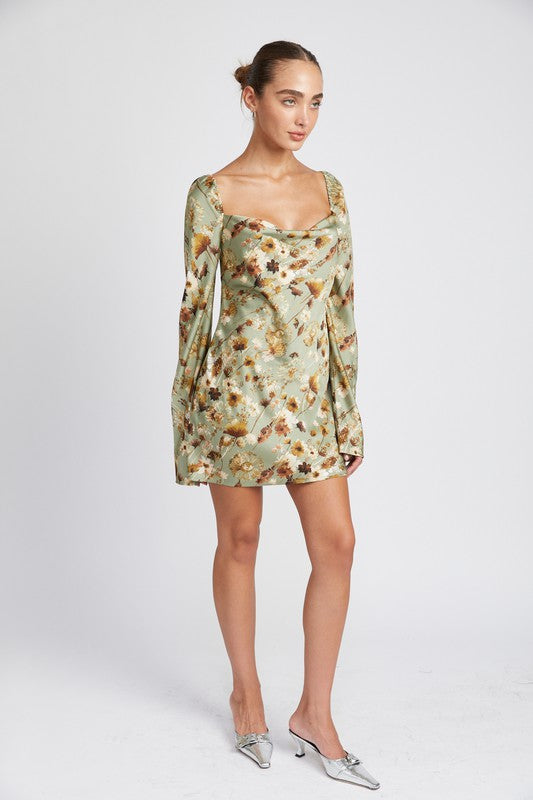 Sage Floral Long Sleeve Dress with Open Back