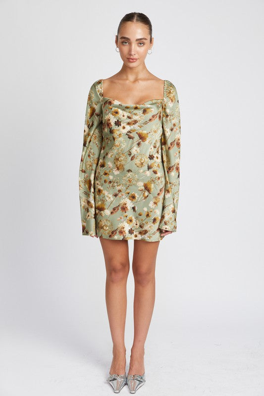 Sage Floral Long Sleeve Dress with Open Back