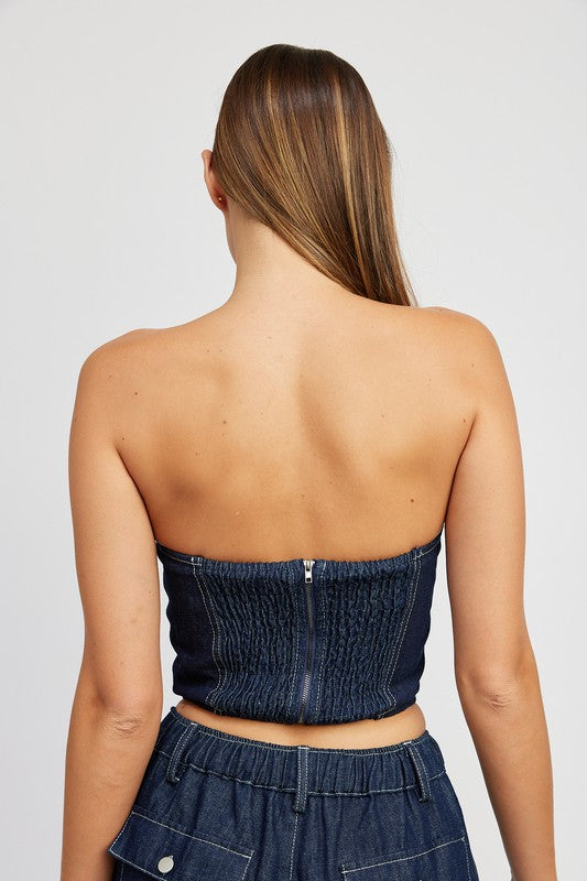 DENIM CORSET TUBE TOP WITH ROSETTE DETAIL