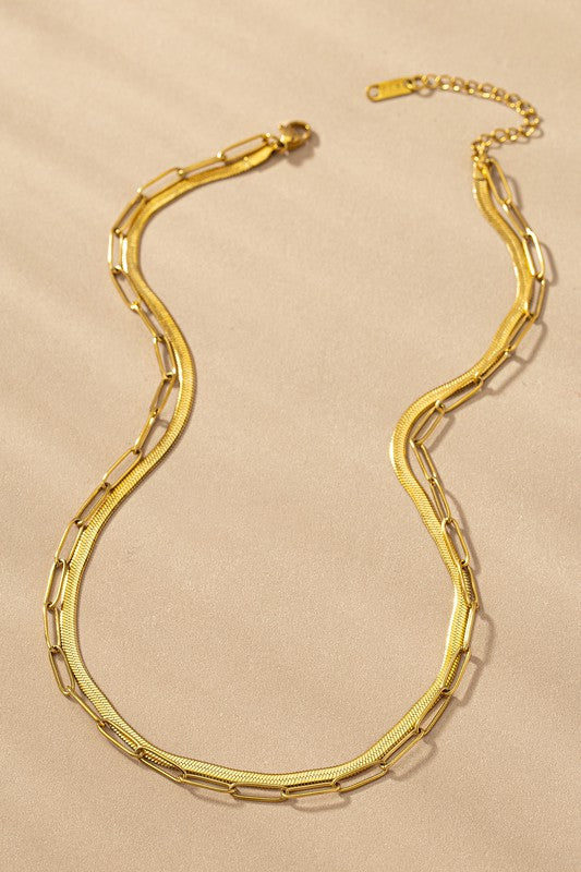 Gold Paper Clip & Herringbone Chain Necklace