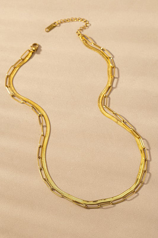 Gold Paper Clip & Herringbone Chain Necklace