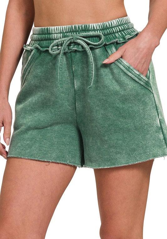 Acid Wash Fleece Drawstring Shorts