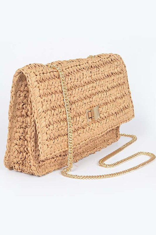 Straw Turn Lock Shoulder Bag