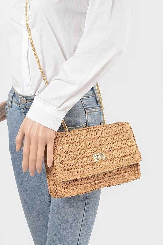 Straw Turn Lock Shoulder Bag