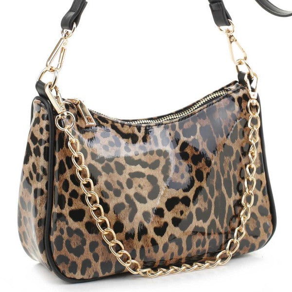 Glossy Leopard Chain Link Crossbody Bag