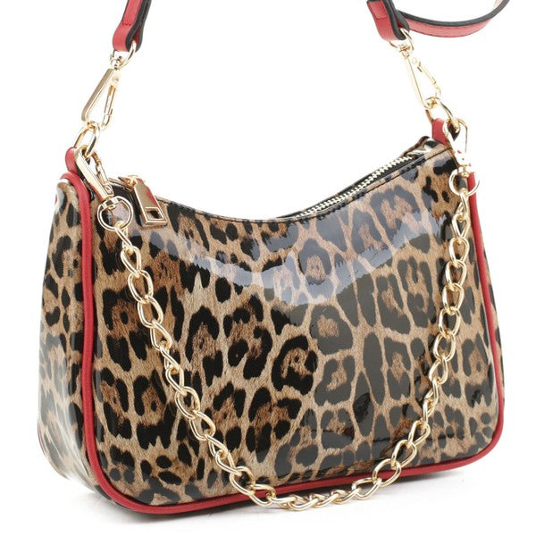 Glossy Leopard Chain Link Crossbody Bag