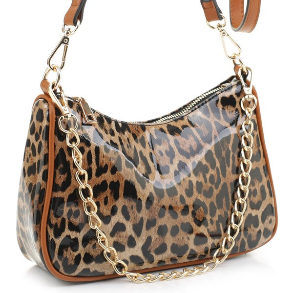 Glossy Leopard Chain Link Crossbody Bag