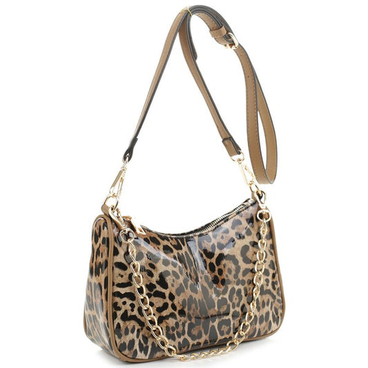 Glossy Leopard Chain Link Crossbody Bag