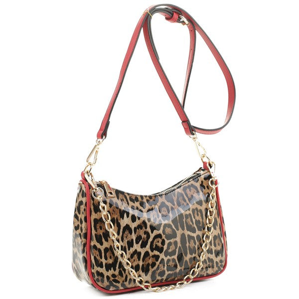 Glossy Leopard Chain Link Crossbody Bag